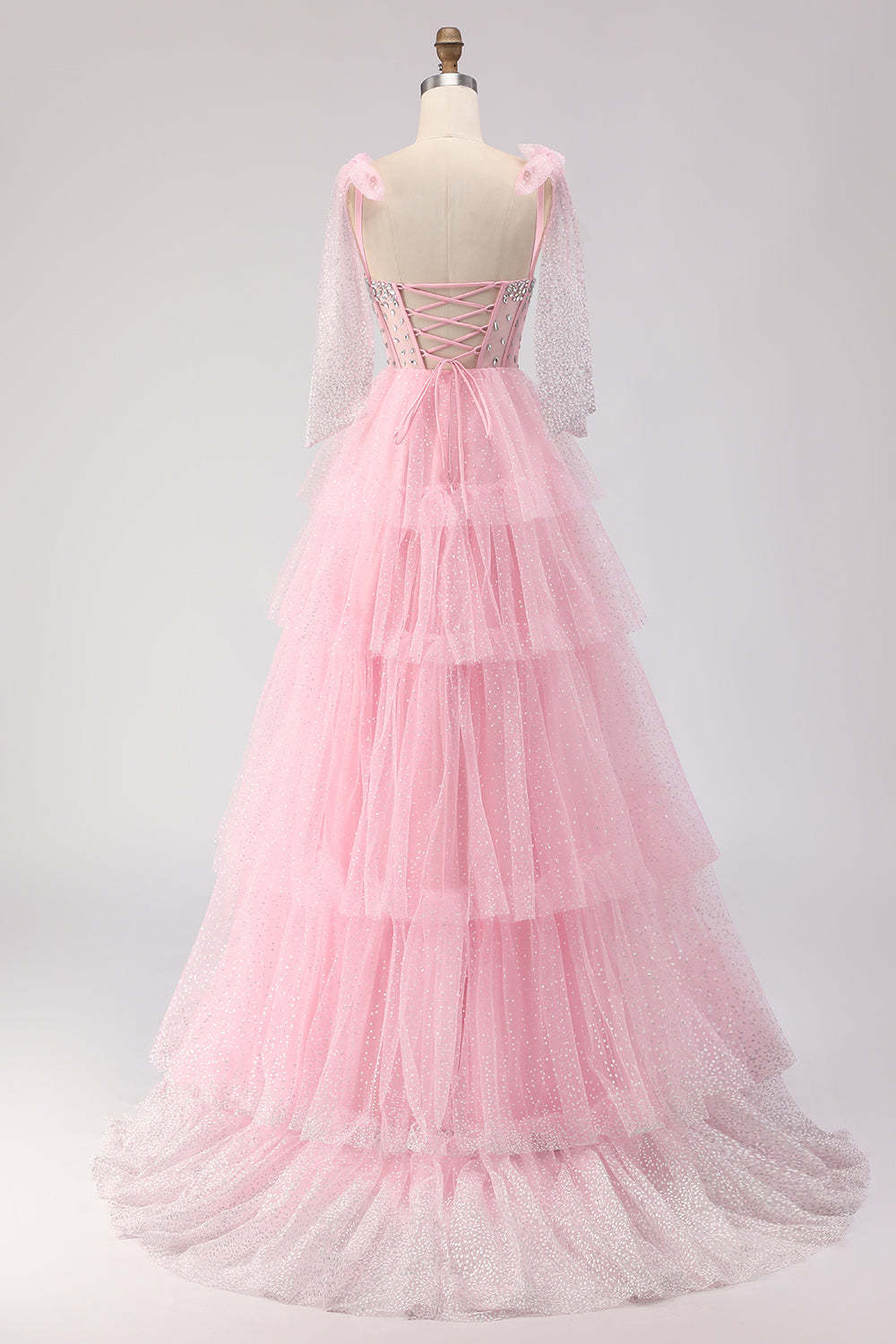 Sparkly Pink Polka Dots Tiered Tulle Long Corset Prom Dress with Beading
