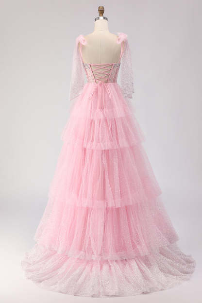 Sparkly Pink Polka Dots Tiered Tulle Long Corset Prom Dress with Beading