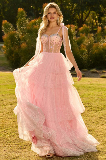Sparkly Pink Ruffled Beaded Tiered Maxi Corset Prom Dress with Bows