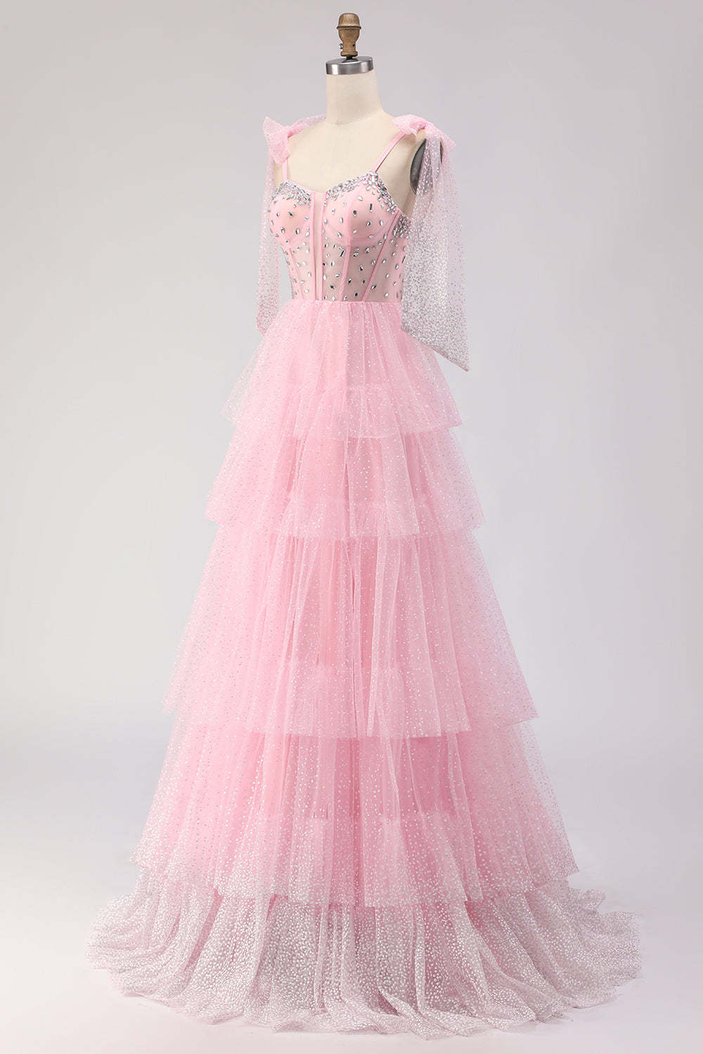 Sparkly Pink Polka Dots Tiered Tulle Long Corset Prom Dress with Beading