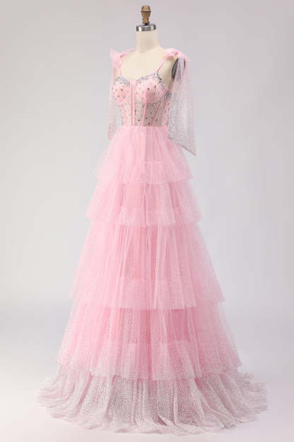 Sparkly Pink Polka Dots Tiered Tulle Long Corset Prom Dress with Beading