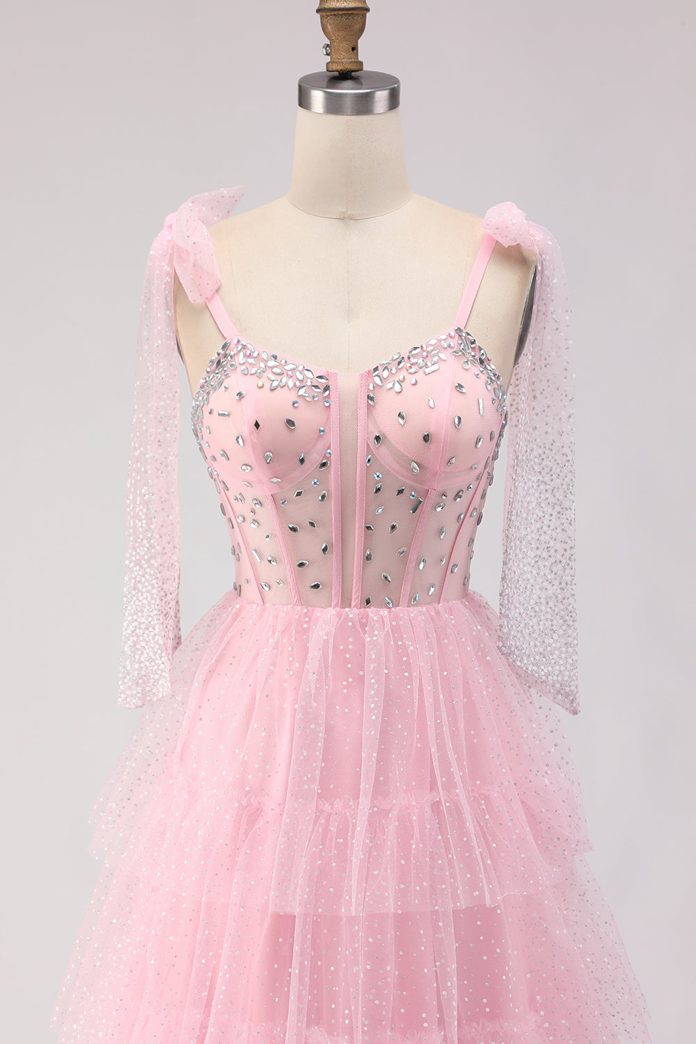 Sparkly Pink Polka Dots Tiered Tulle Long Corset Prom Dress with Beading
