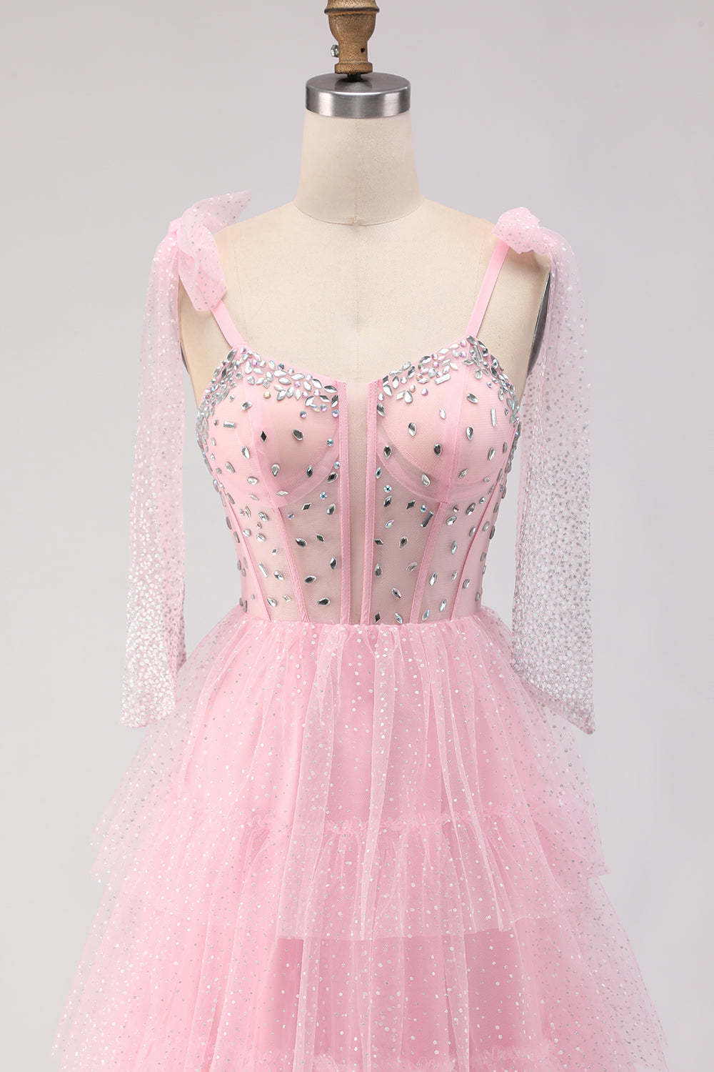 Sparkly Pink Polka Dots Tiered Tulle Long Corset Prom Dress with Beading