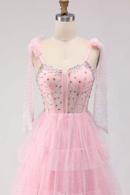 Sparkly Pink Polka Dots Tiered Tulle Long Corset Prom Dress with Beading