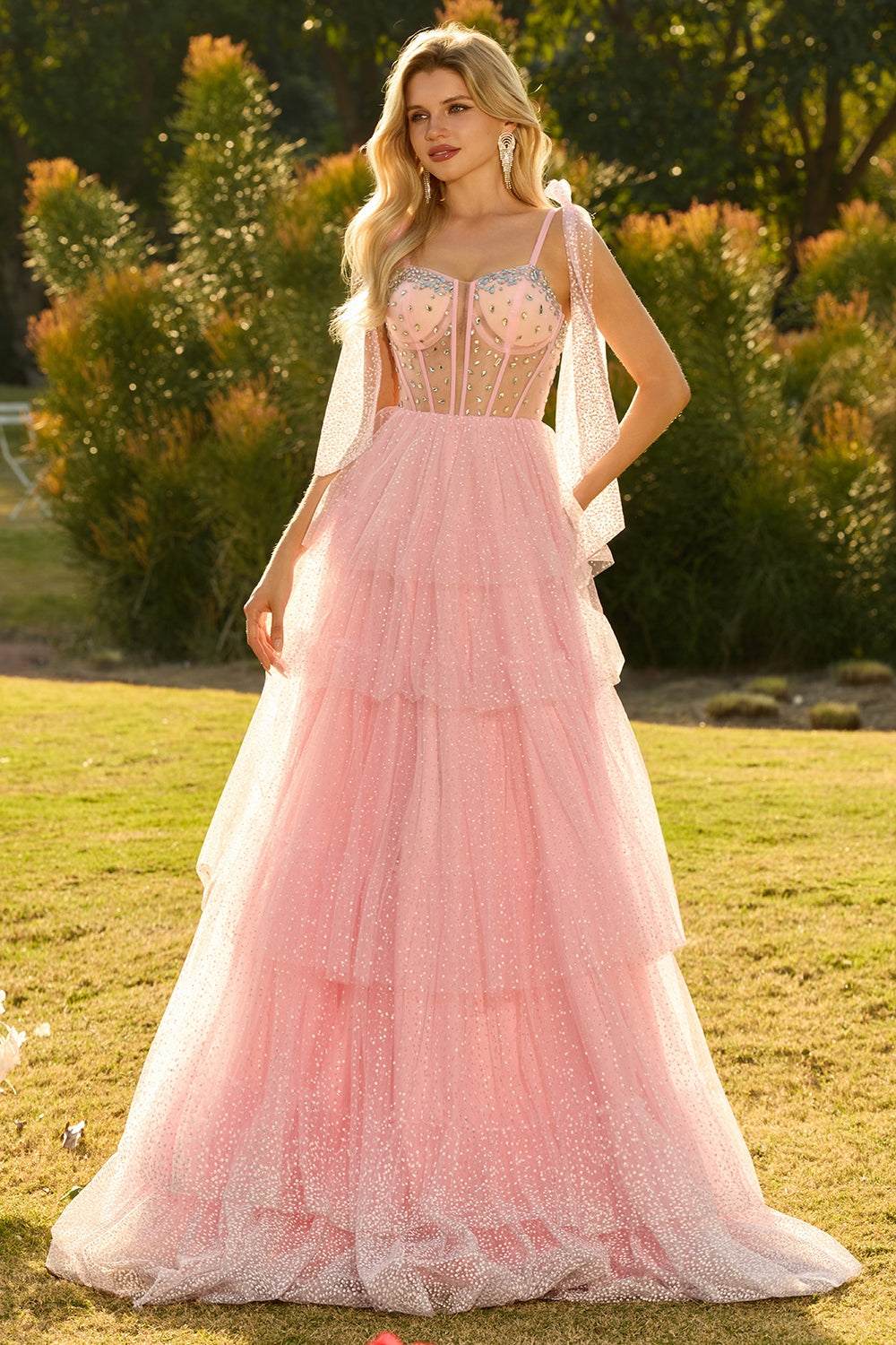 Sparkly Pink Ruffled Beaded Tiered Maxi Corset Prom Dress with Bows