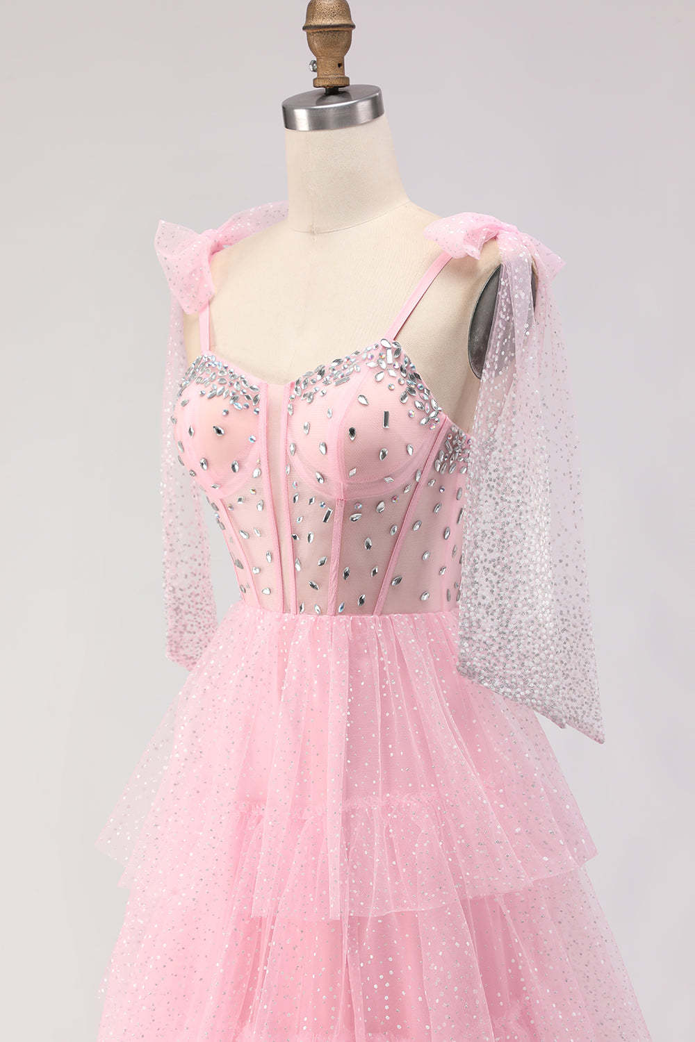 Sparkly Pink Polka Dots Tiered Tulle Long Corset Prom Dress with Beading