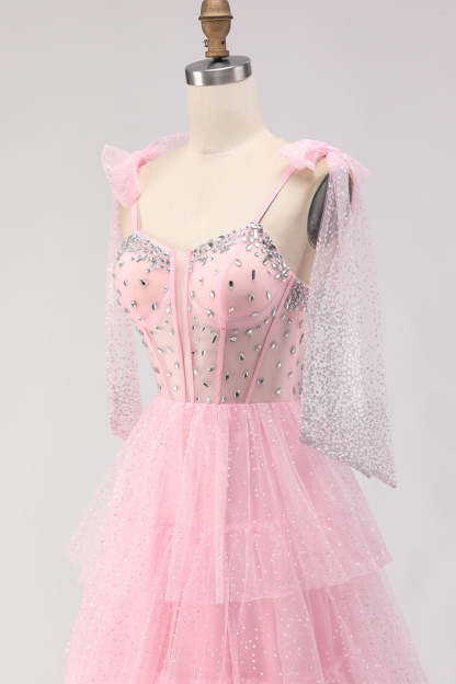 Sparkly Pink Polka Dots Tiered Tulle Long Corset Prom Dress with Beading