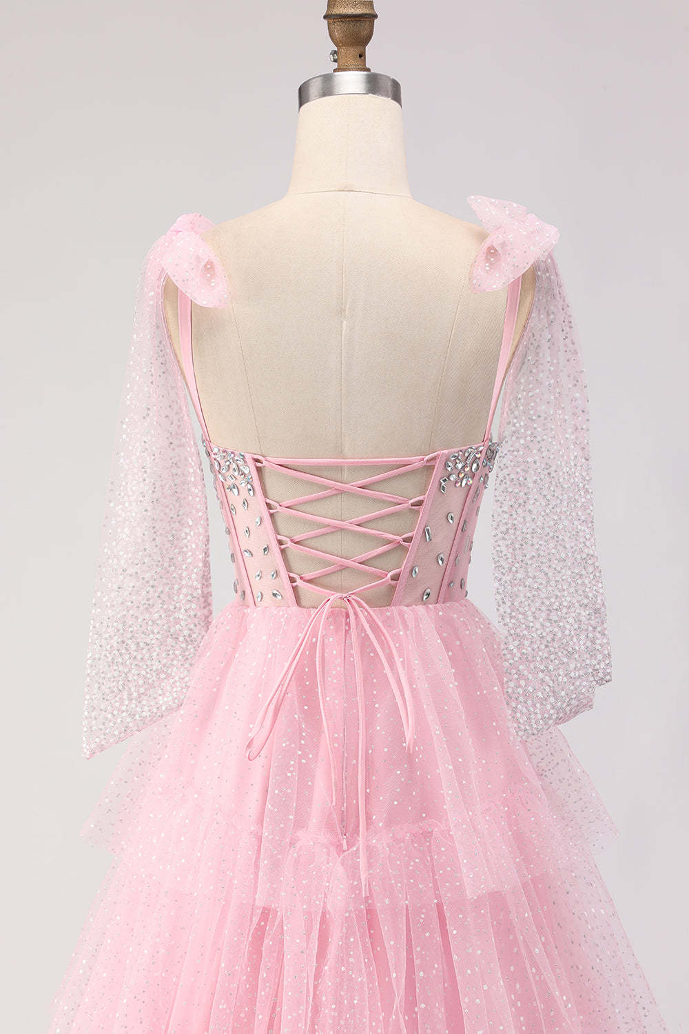 Sparkly Pink Polka Dots Tiered Tulle Long Corset Prom Dress with Beading