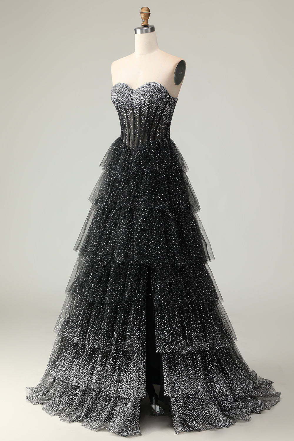 Sparkly Black and White Polka Dots Sweetheart Ruffled Long Corset Prom Dress