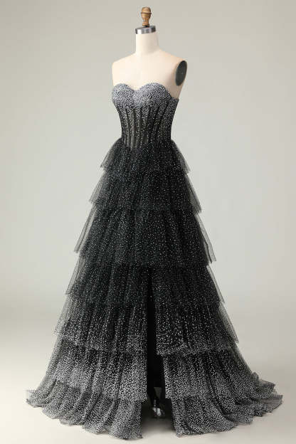 Sparkly Black and White Polka Dots Sweetheart Ruffled Long Corset Prom Dress