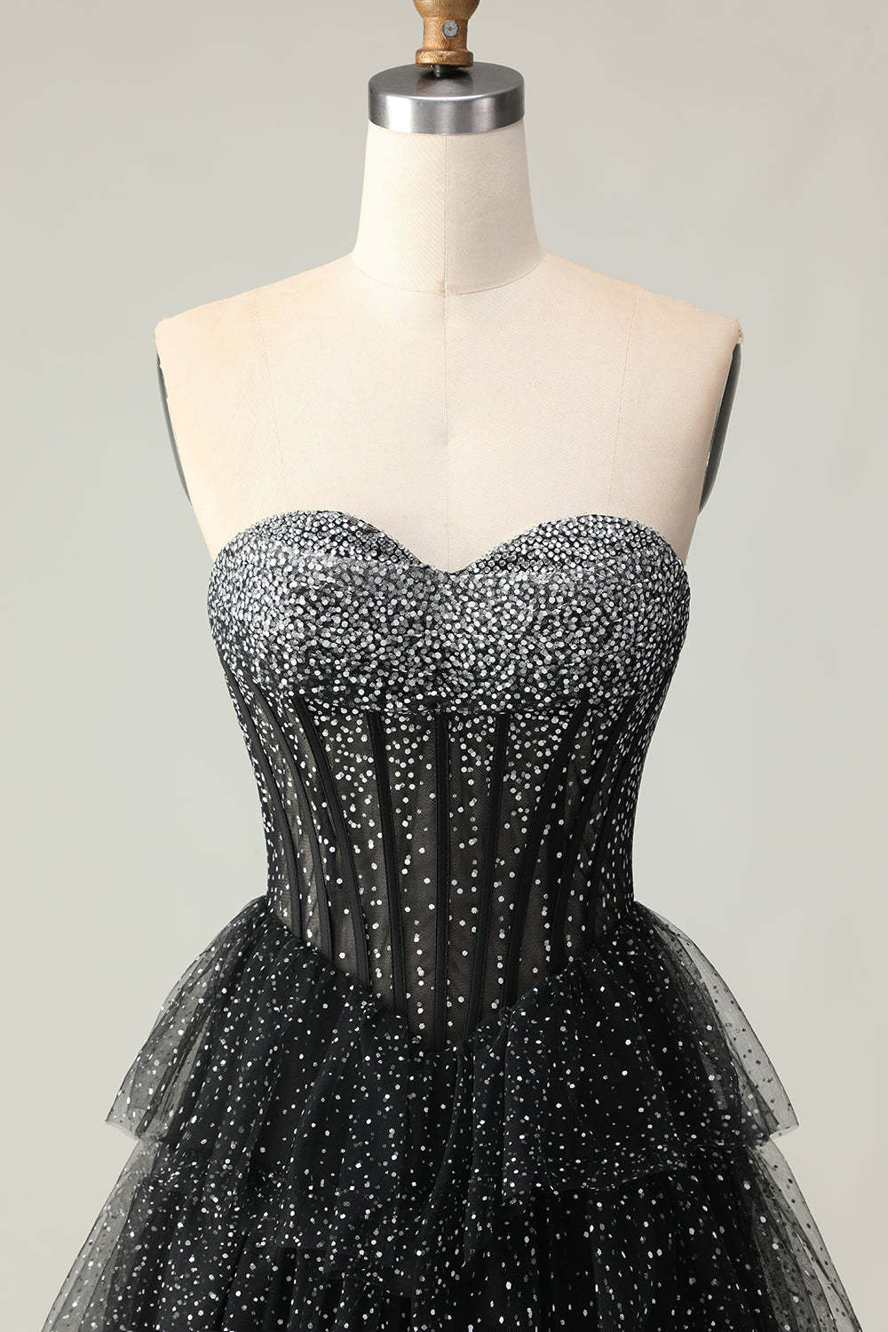 Sparkly Black and White Polka Dots Sweetheart Ruffled Long Corset Prom Dress