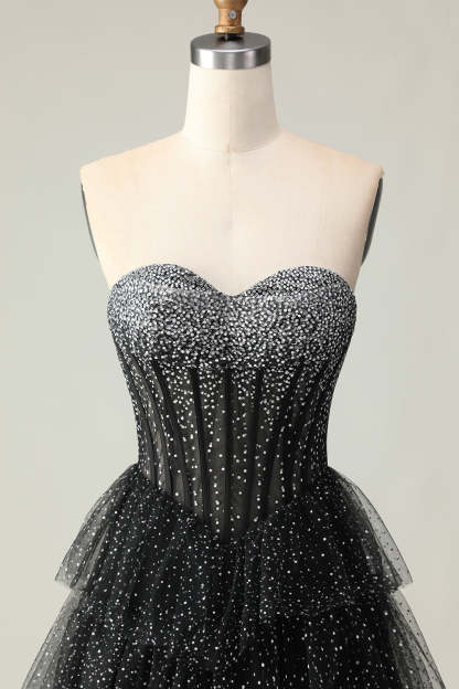 Sparkly Black and White Polka Dots Sweetheart Ruffled Long Corset Prom Dress