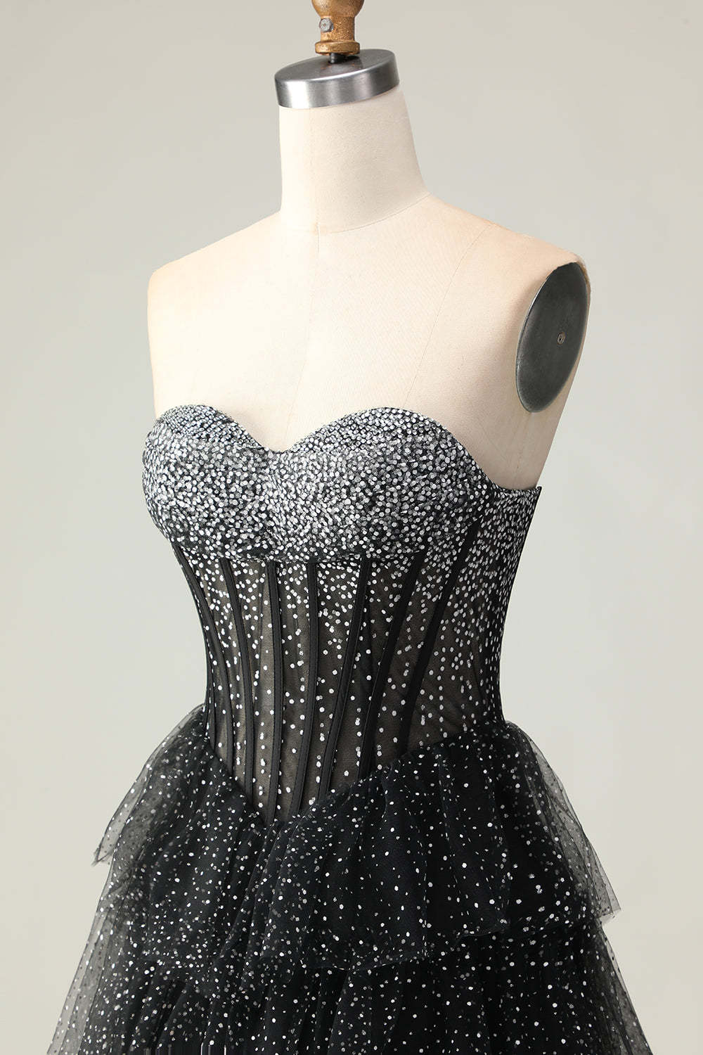 Sparkly Black and White Polka Dots Sweetheart Ruffled Long Corset Prom Dress