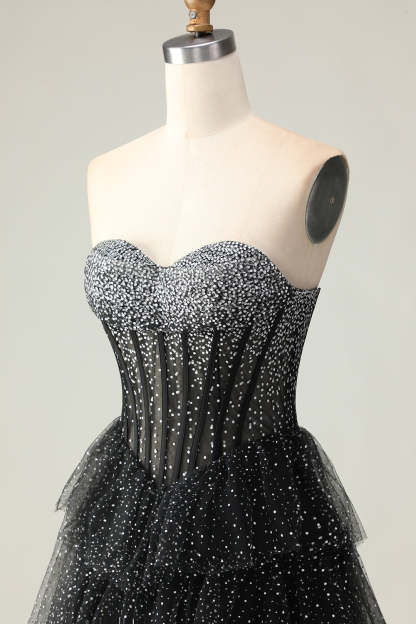 Sparkly Black and White Polka Dots Sweetheart Ruffled Long Corset Prom Dress