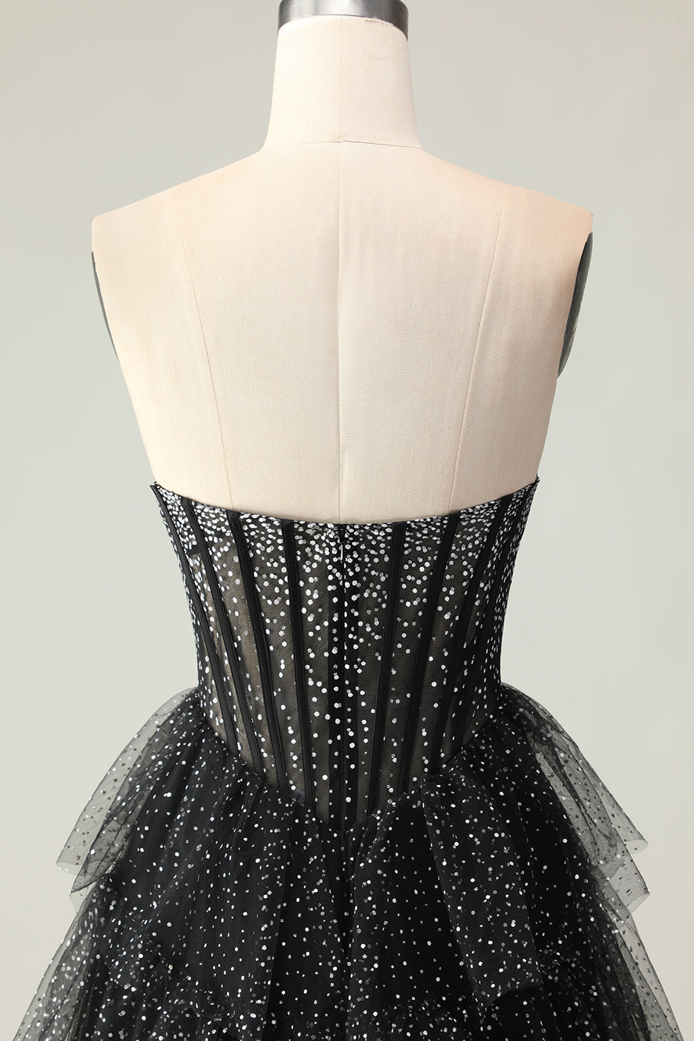Sparkly Black and White Polka Dots Sweetheart Ruffled Long Corset Prom Dress