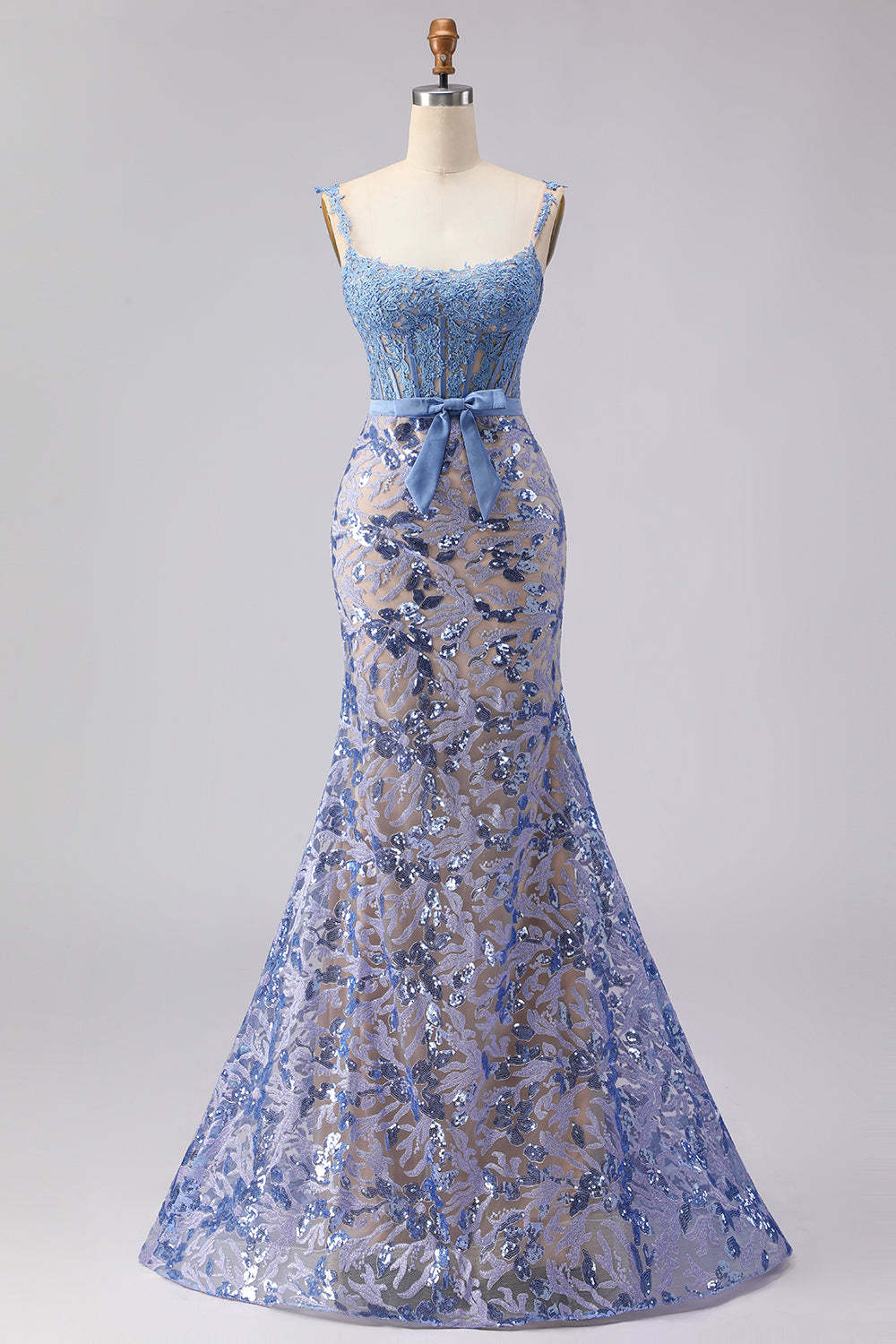 Leely Women Sparkly Grey Blue Floral Long Corset Prom Dress with Bow Lace Sequined Spaghetti Straps Mermaid Gala Dress