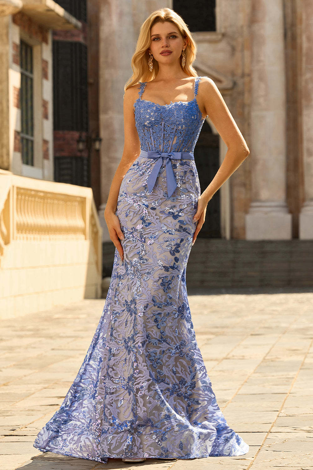 Floral Grey Blue Mermaid Long Corset Prom Dress with Bow