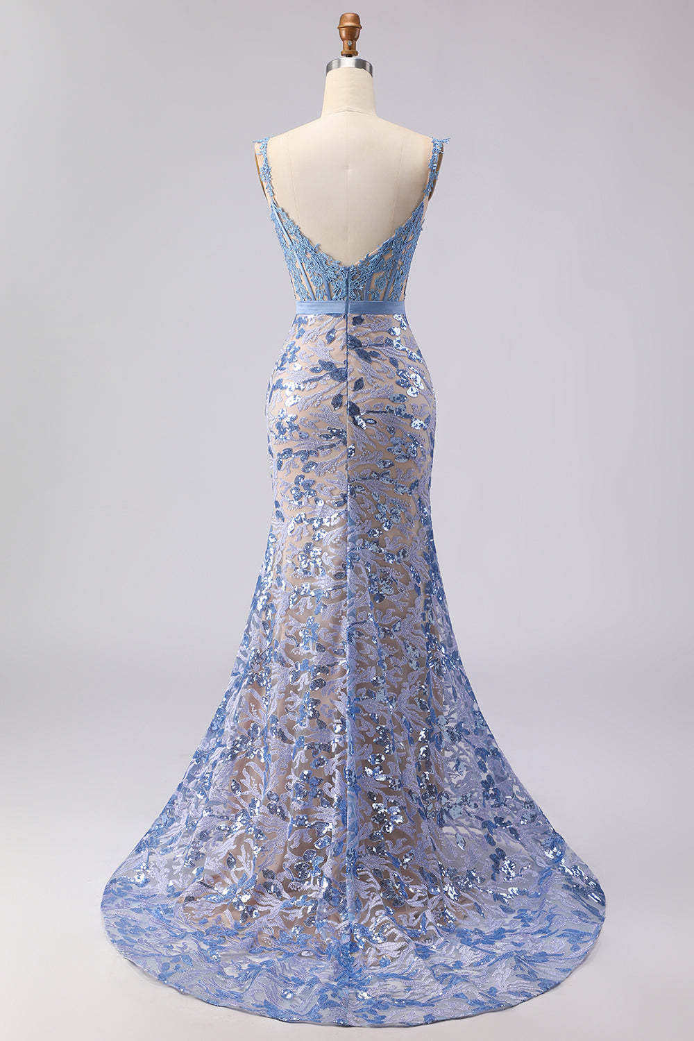 Grey Blue Mermaid Lace Long Corset Sequined Prom Dress with Bow