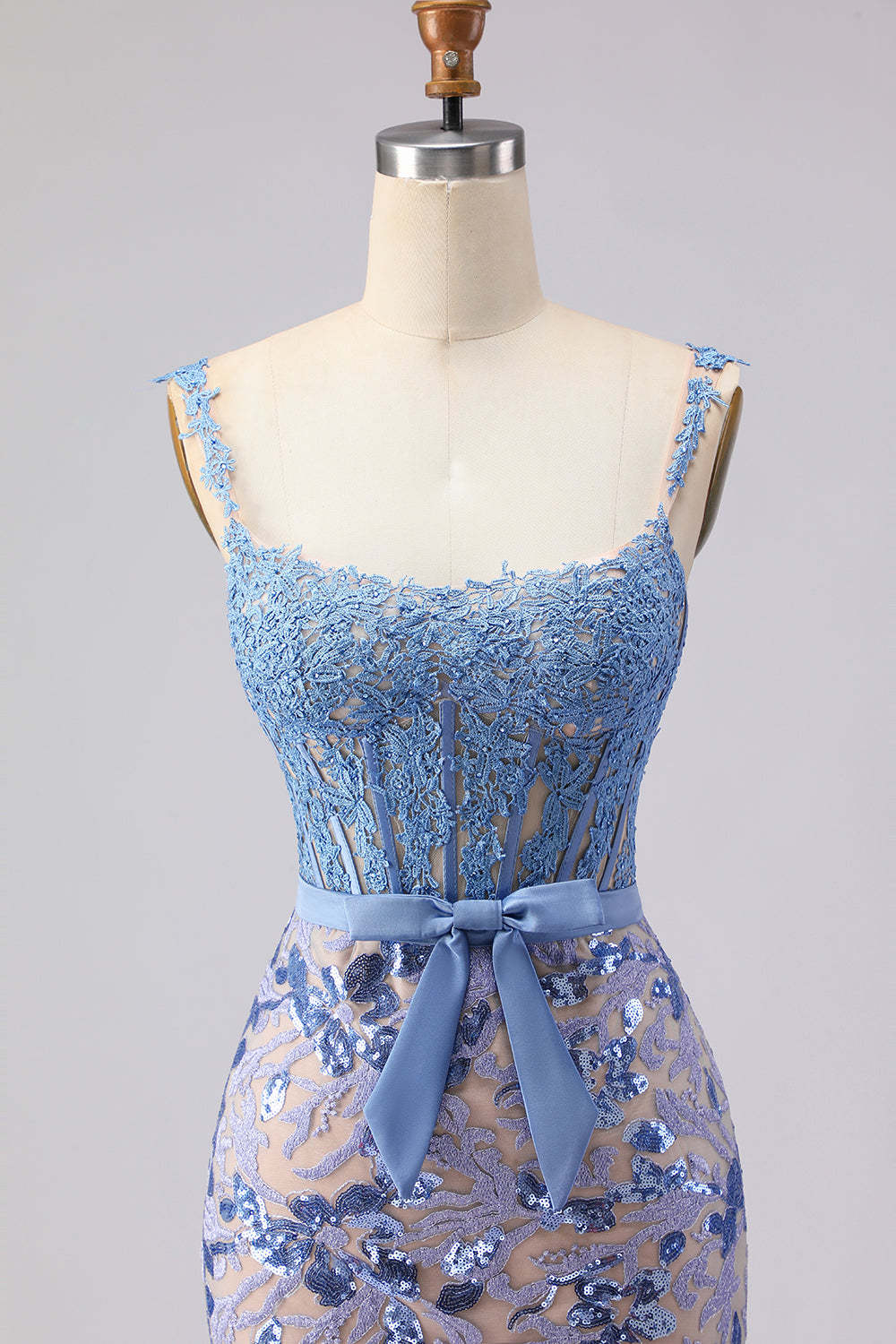 Grey Blue Mermaid Lace Long Corset Sequined Prom Dress with Bow