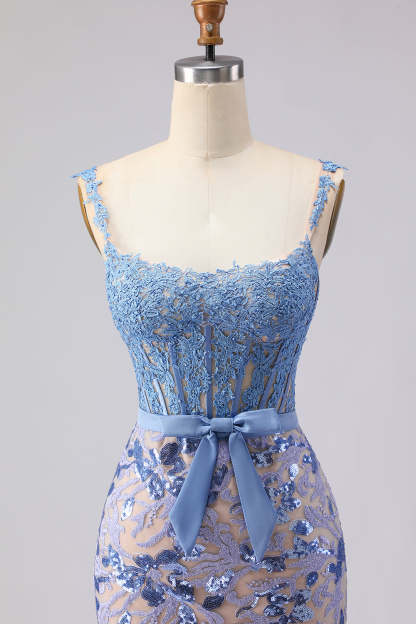 Grey Blue Mermaid Lace Long Corset Sequined Prom Dress with Bow
