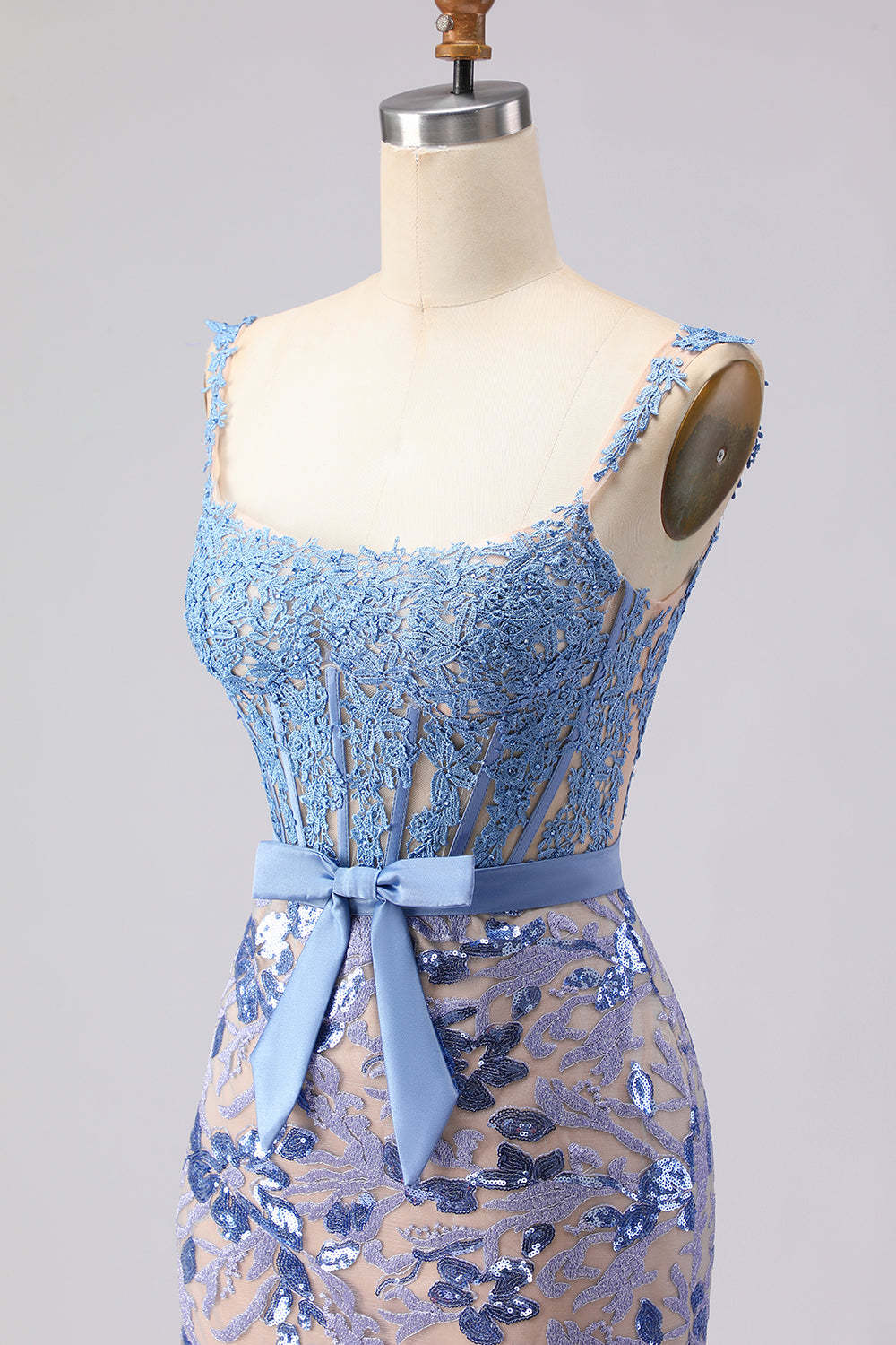 Grey Blue Mermaid Lace Long Corset Sequined Prom Dress with Bow