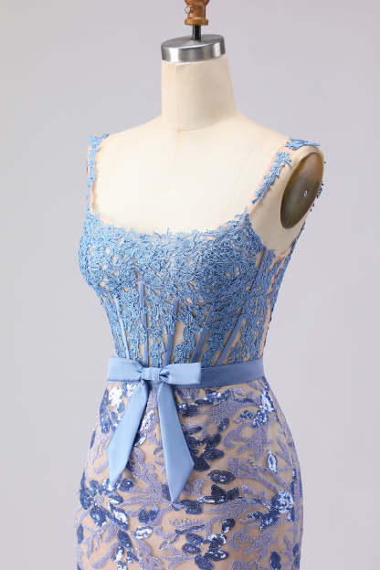 Grey Blue Mermaid Lace Long Corset Sequined Prom Dress with Bow