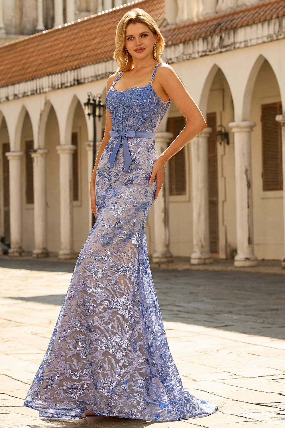 Floral Grey Blue Mermaid Long Corset Prom Dress with Bow