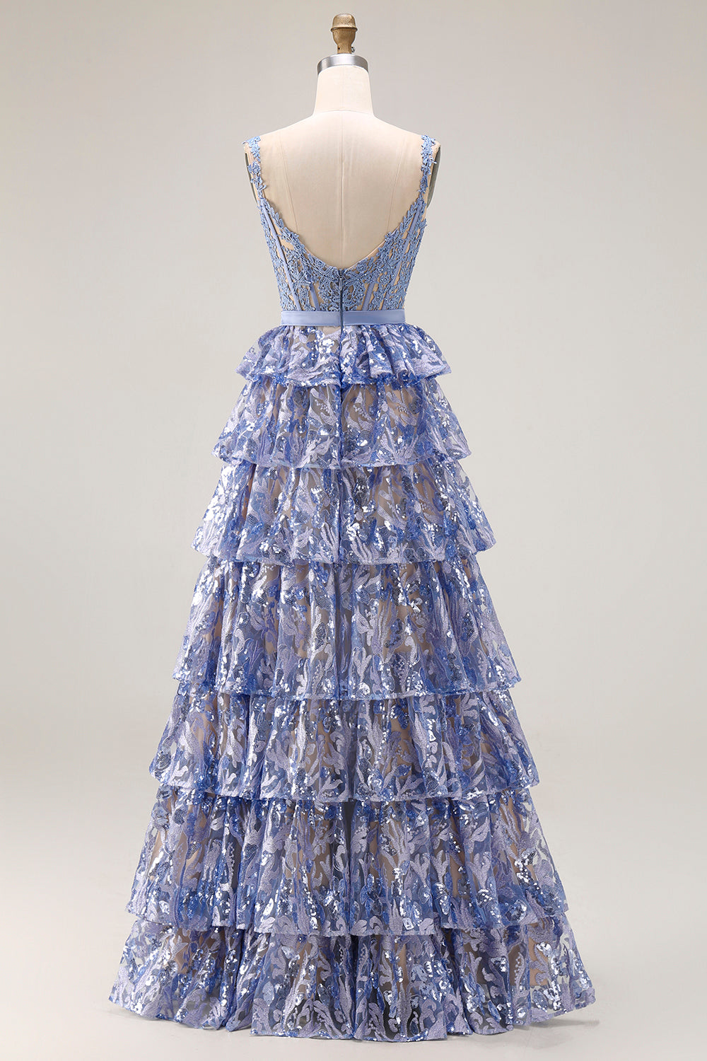 Sparkly Grey Blue Tiered Lace Long Corset Prom Dress with Ruffles