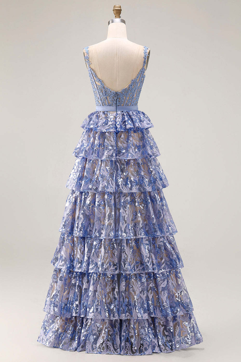 Sparkly Grey Blue Tiered Lace Long Corset Prom Dress with Ruffles