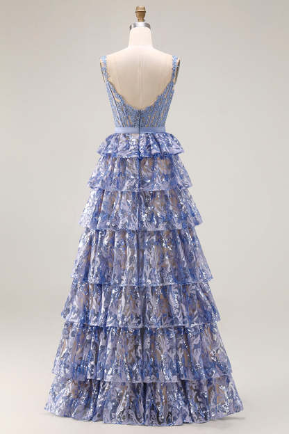 Sparkly Grey Blue Tiered Lace Long Corset Prom Dress with Ruffles