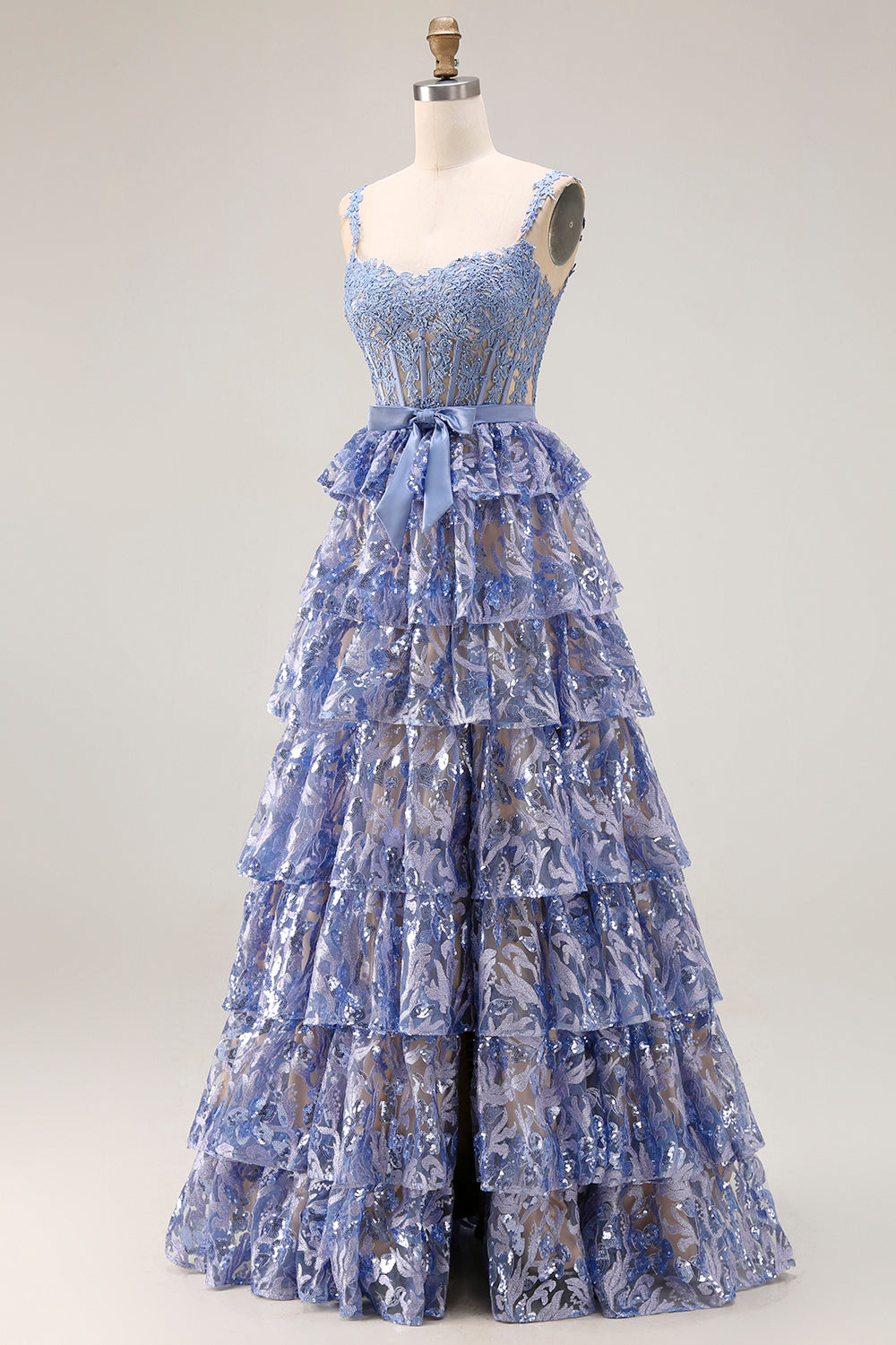 Sparkly Grey Blue Tiered Lace Long Corset Prom Dress with Ruffles