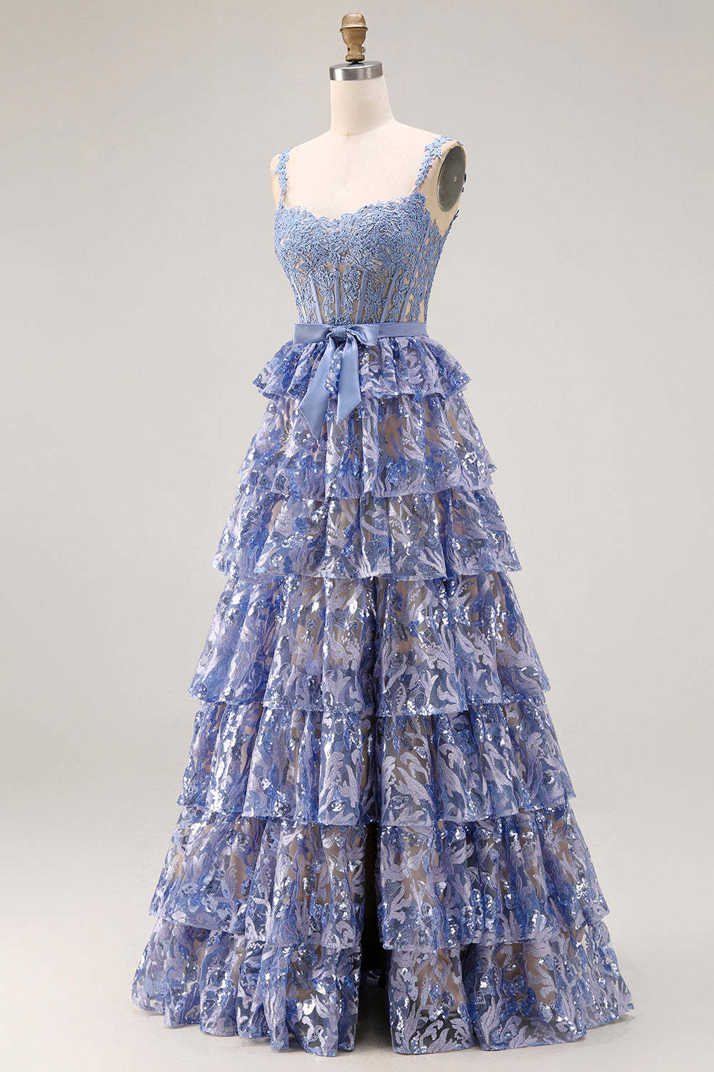 Sparkly Grey Blue Tiered Lace Long Corset Prom Dress with Ruffles