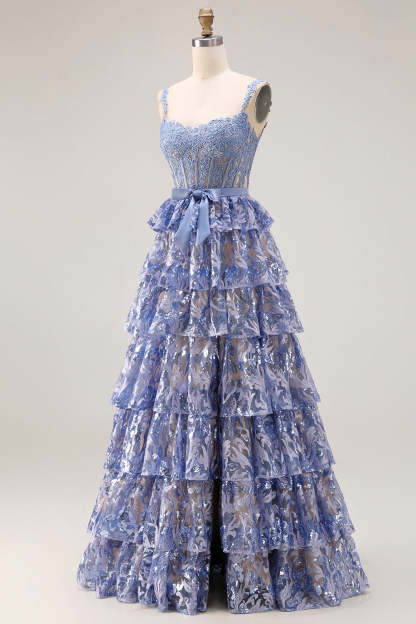 Sparkly Grey Blue Tiered Lace Long Corset Prom Dress with Ruffles