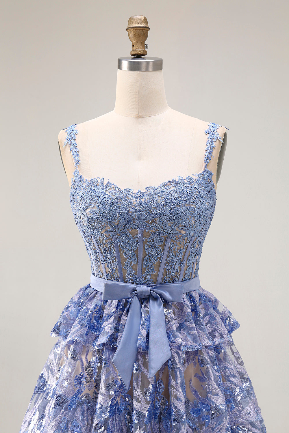 Sparkly Grey Blue Tiered Lace Long Corset Prom Dress with Ruffles