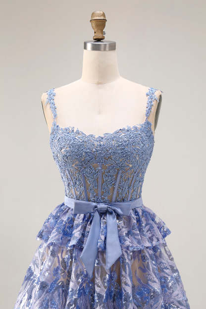 Sparkly Grey Blue Tiered Lace Long Corset Prom Dress with Ruffles
