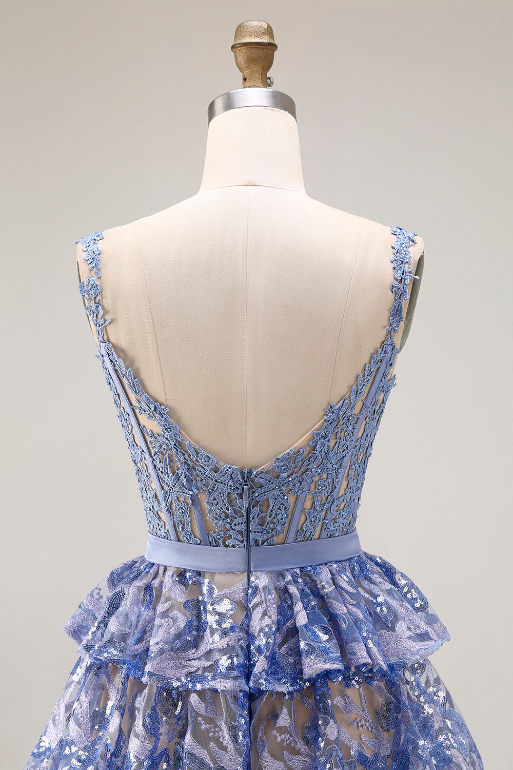 Sparkly Grey Blue Tiered Lace Long Corset Prom Dress with Ruffles