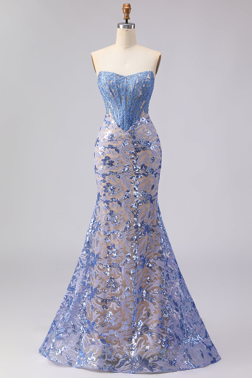 Floral Sparkly Grey Blue Mermaid Strapless Maxi Corset Prom Dress with Sequins