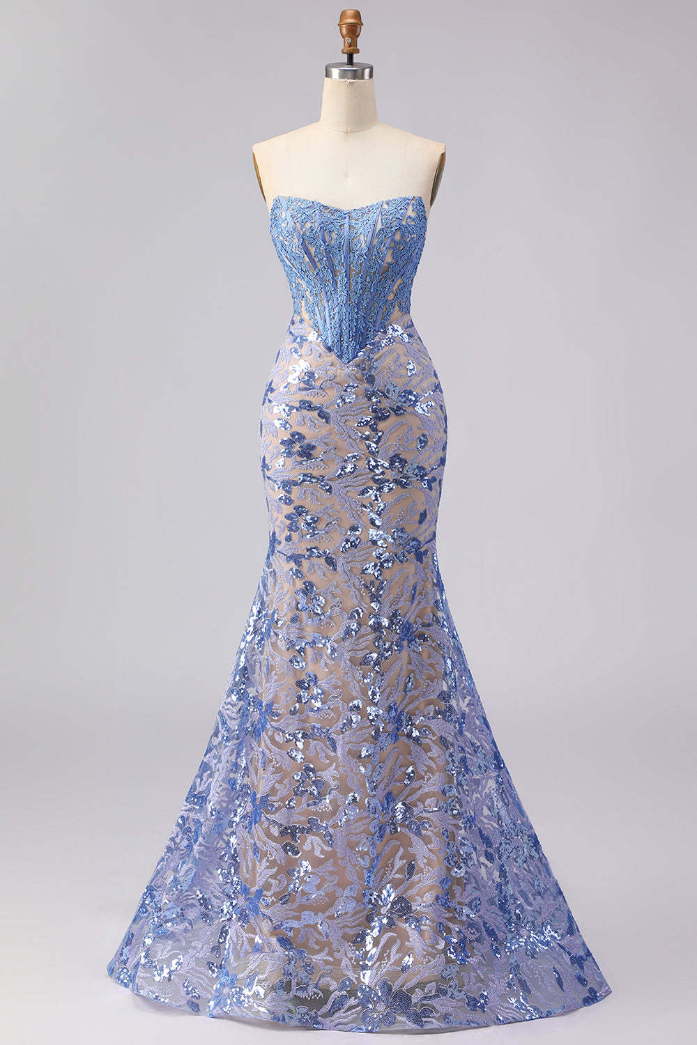 Floral Sparkly Grey Blue Mermaid Strapless Maxi Corset Prom Dress with Sequins