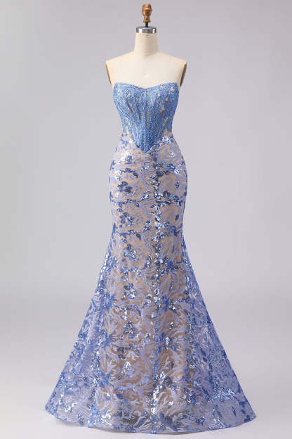 Floral Sparkly Grey Blue Mermaid Strapless Maxi Corset Prom Dress with Sequins