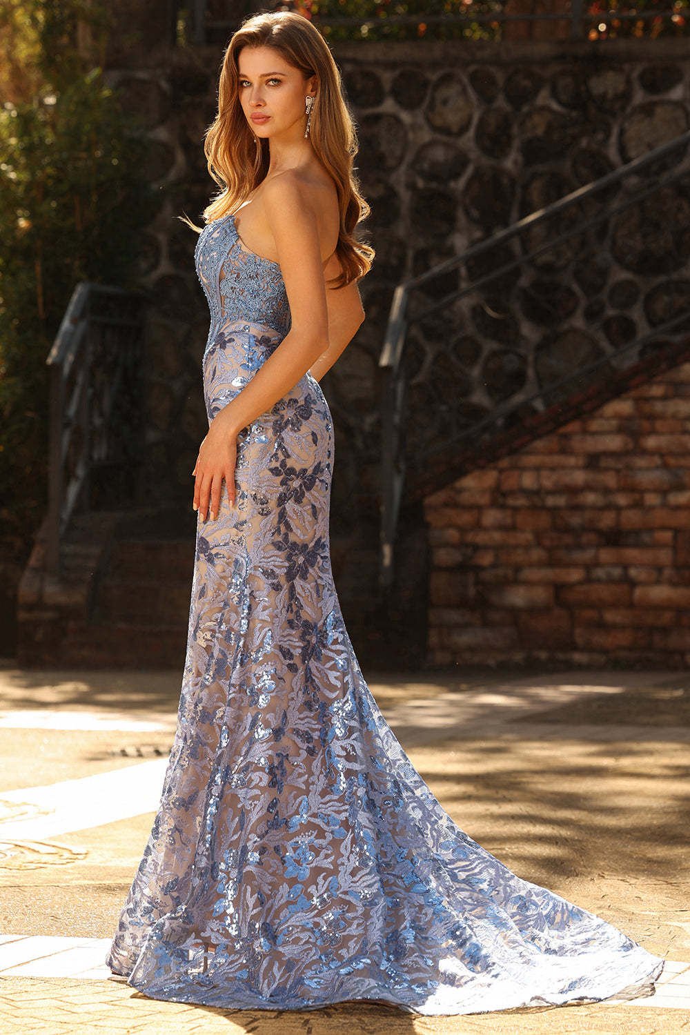 Floral Sparkly Grey Blue Mermaid Strapless Maxi Corset Prom Dress with Sequins