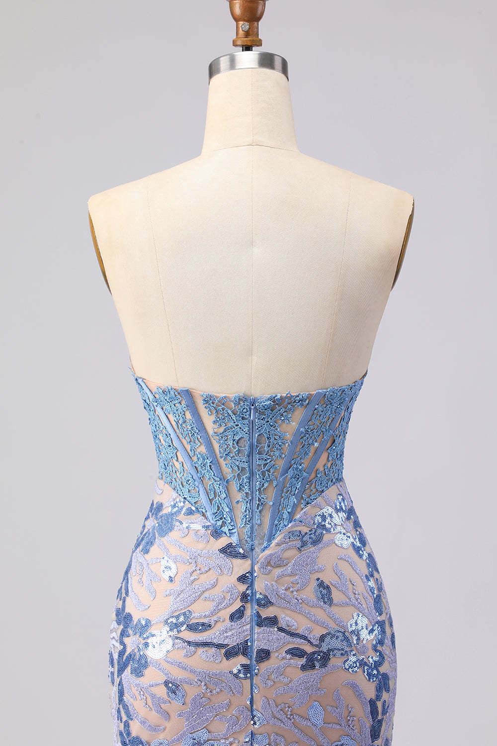 Sparkly Grey Blue Mermaid Strapless Long Corset Prom Dress with Sequins