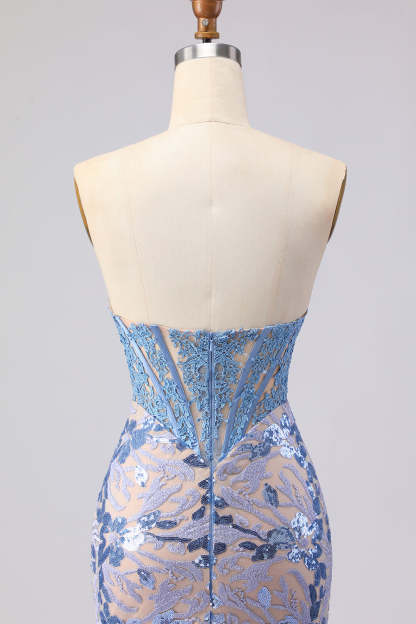 Sparkly Grey Blue Mermaid Strapless Long Corset Prom Dress with Sequins