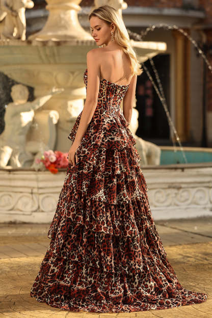 Brown Leopard Sweetheart A Line Long Prom Dress