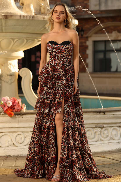 Brown Leopard Sweetheart A Line Long Prom Dress