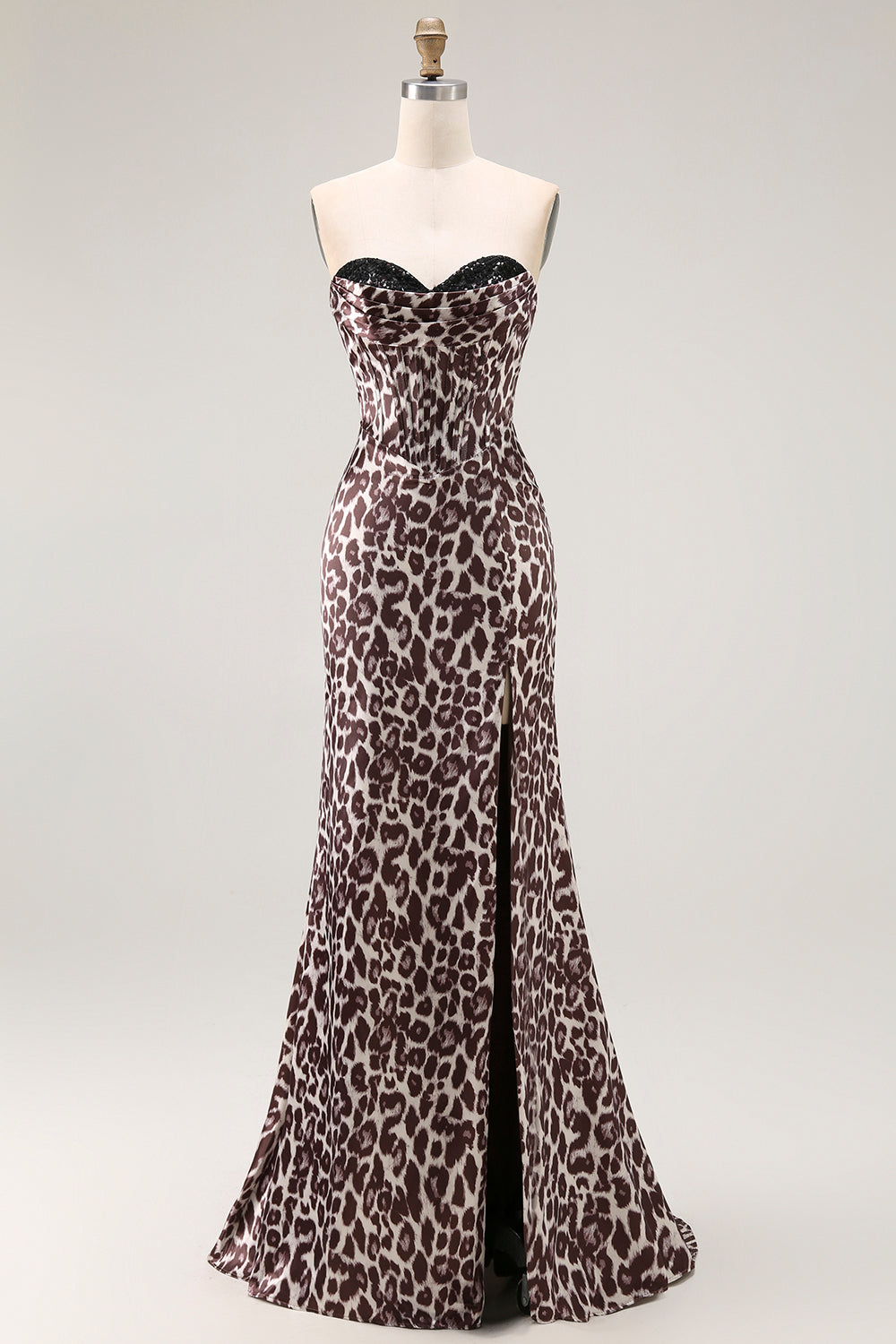 Coffee Leopard Corset Mermaid Sweetheart Long Prom Dress with Slit