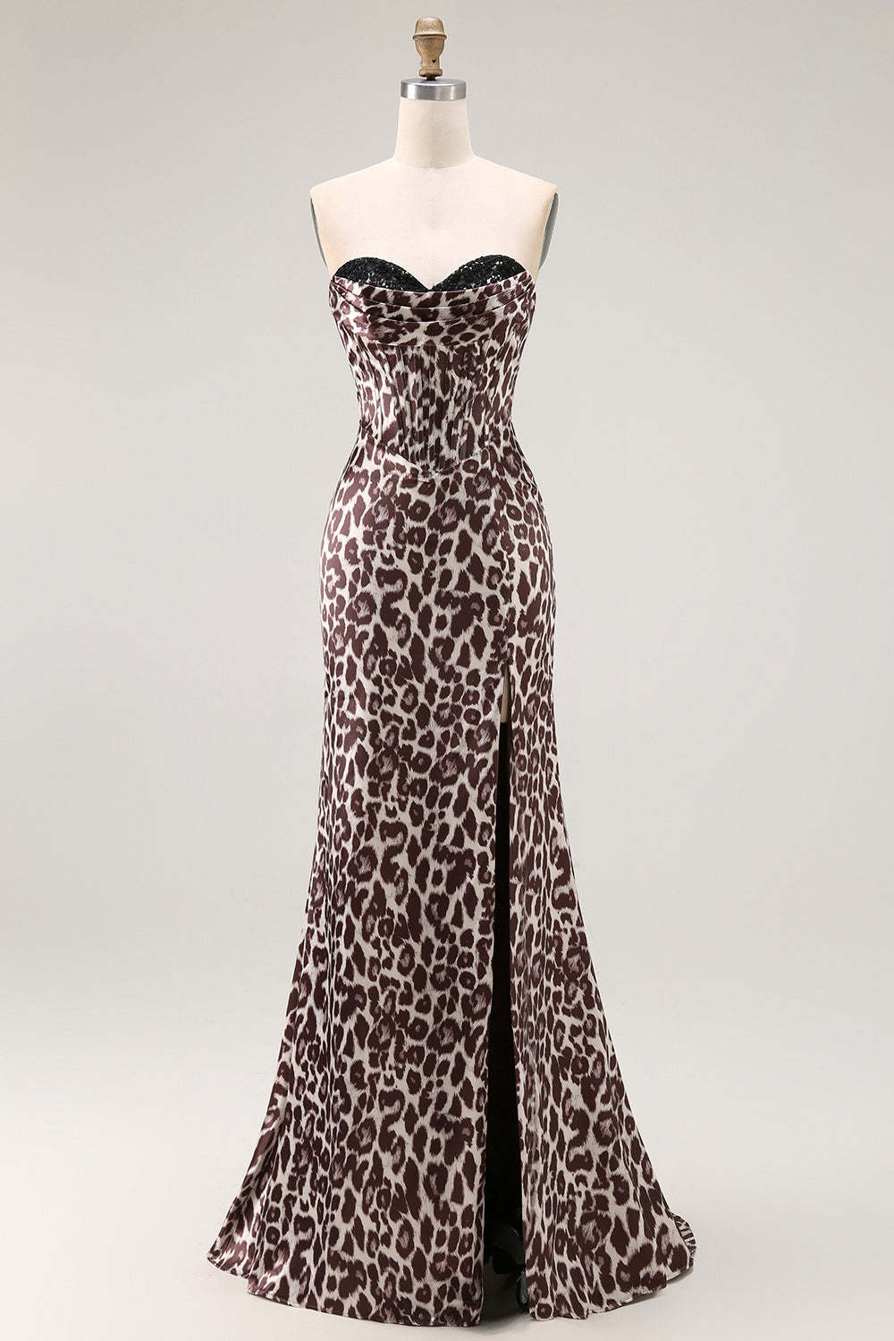 Coffee Leopard Corset Mermaid Sweetheart Long Prom Dress with Slit