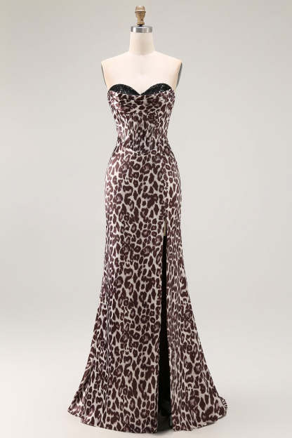 Coffee Leopard Corset Mermaid Sweetheart Long Prom Dress with Slit