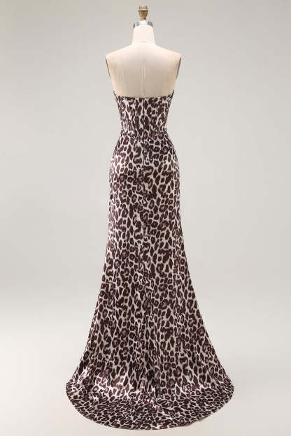 Coffee Leopard Corset Mermaid Sweetheart Long Prom Dress with Slit