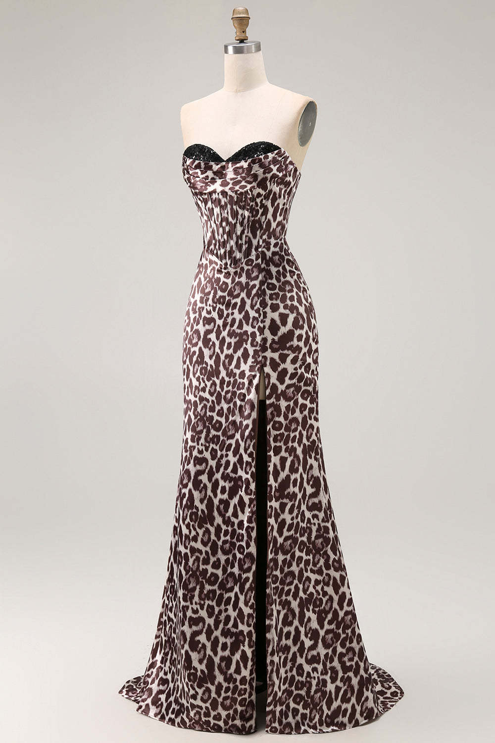Coffee Leopard Mermaid Sweetheart Corset Long Prom Dress with Slit