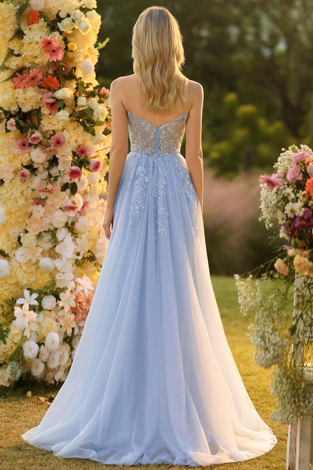 Floral Champagne Sparkly Princess Maxi Prom Dress with Slit